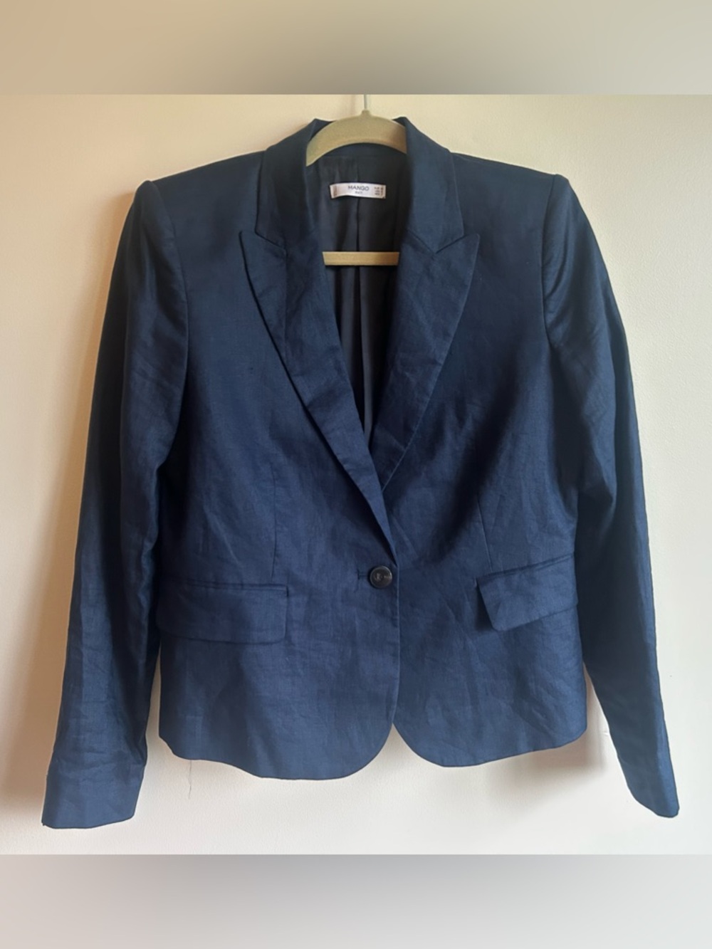 Mango Tailored Navy Blue Single-Button Blazer - Size 8- 100%Linen